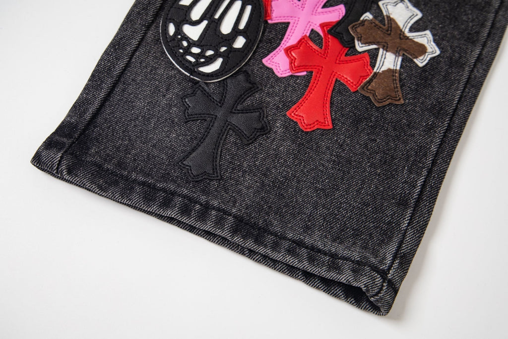 Chrome-Hearts Multi Cross Patch Denim Jeans - Grey Gothic Street Pants 1111