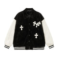 Chrome-Hearts Faux Fur Cross Varsity Jacket - Black White Gothic Streetwear 035