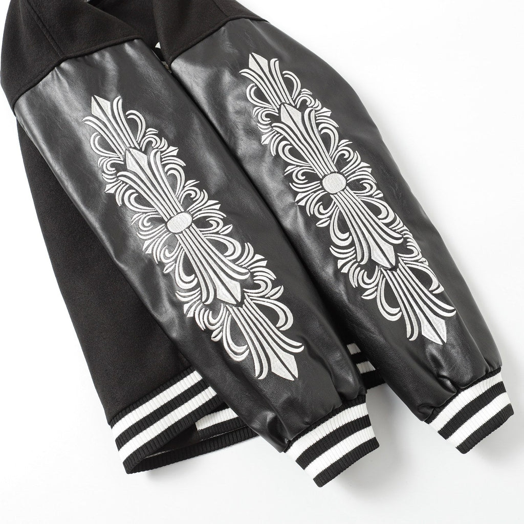 Chrome-Hearts Cross Embroidered Leather Sleeve Varsity Jacket - Black Street Style 116