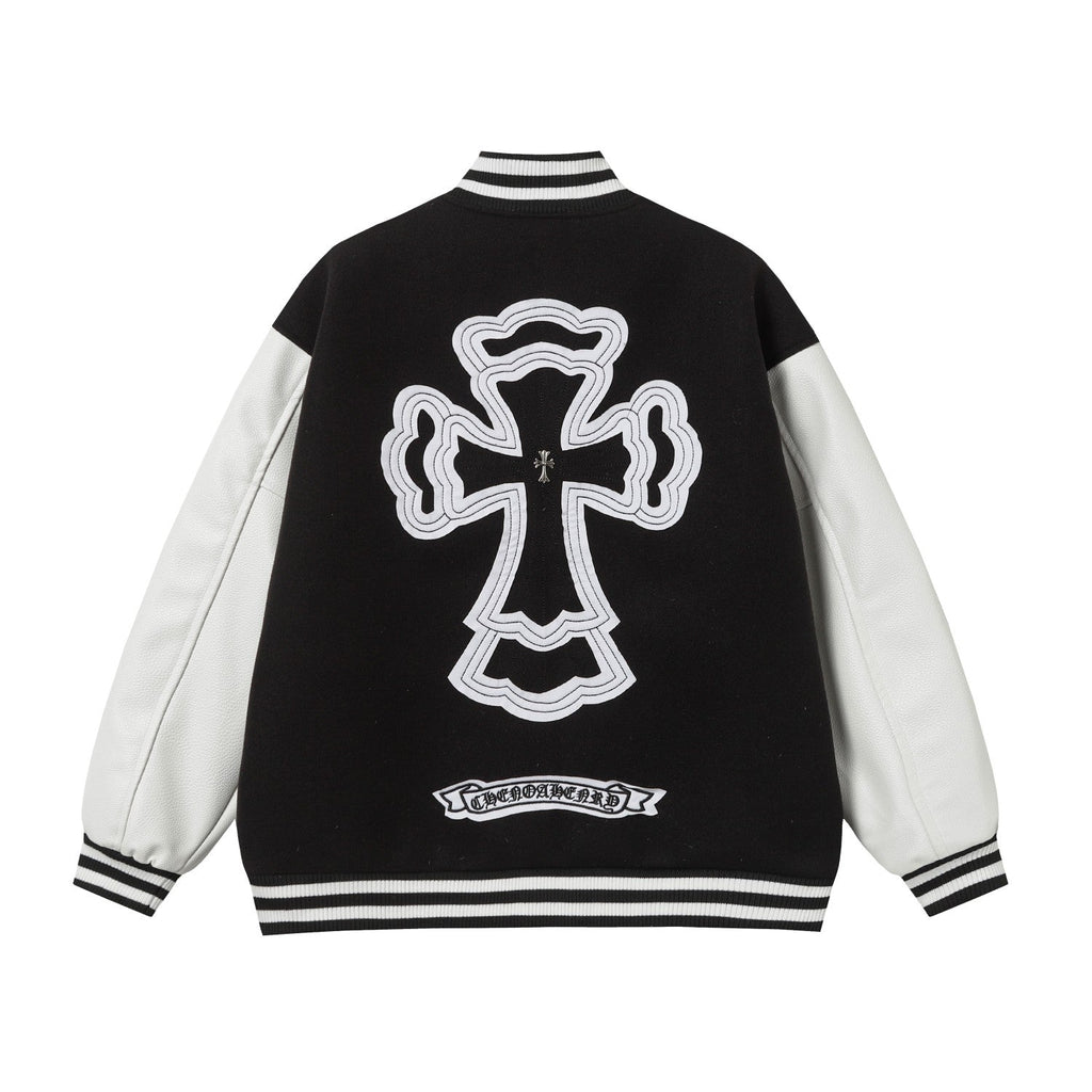 Chrome-Hearts Layered Cross Varsity Jacket - Black White Street Style Outerwear 2208
