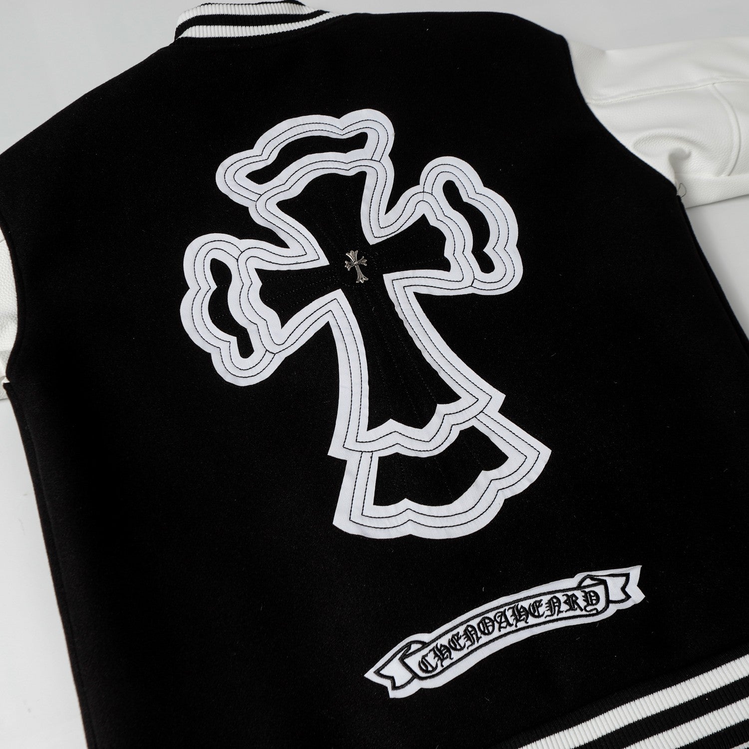 Chrome-Hearts Layered Cross Varsity Jacket - Black White Street Style Outerwear 2208