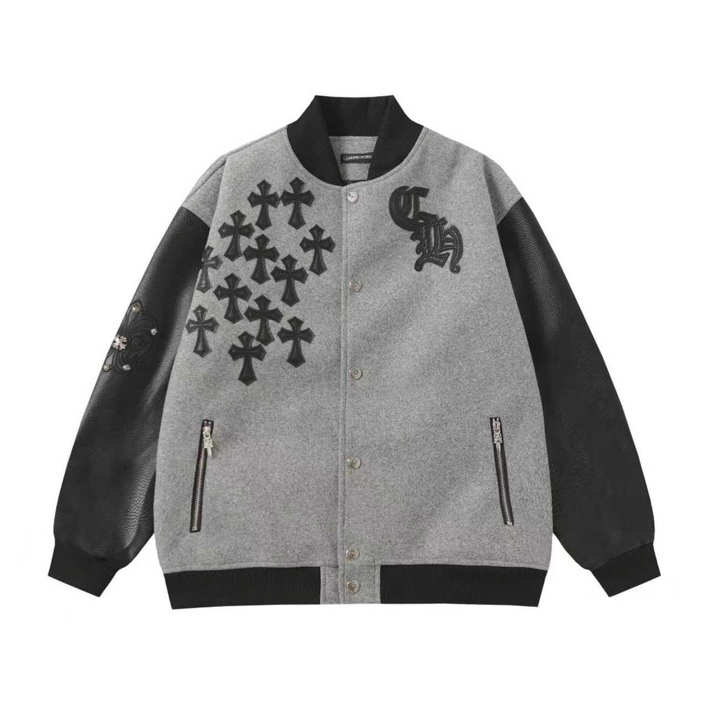 Chrome-Hearts Multi Cross Varsity Jacket - Grey Black Street Jacket 2215
