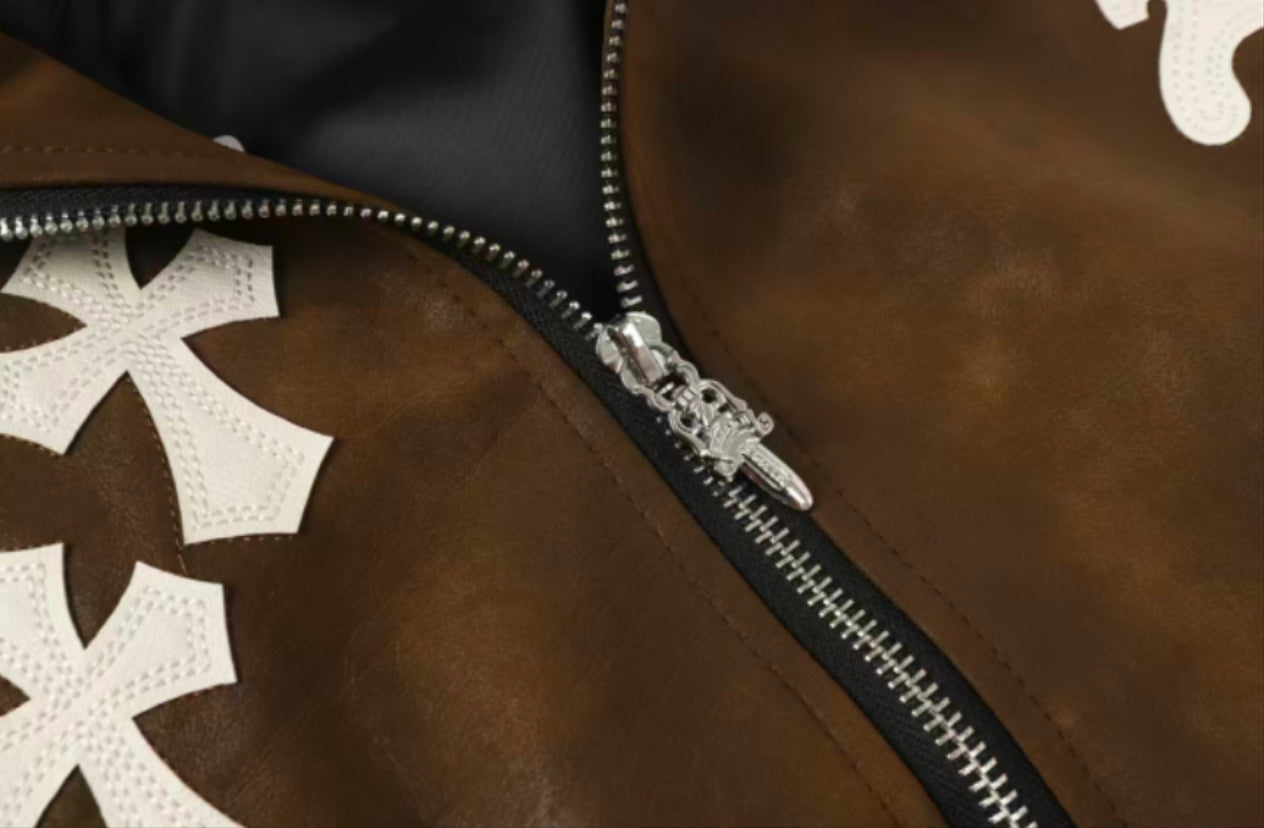 Chrome-Hearts Cross Patch Suede Jacket - Brown Gothic Streetwear Outerwear 8833