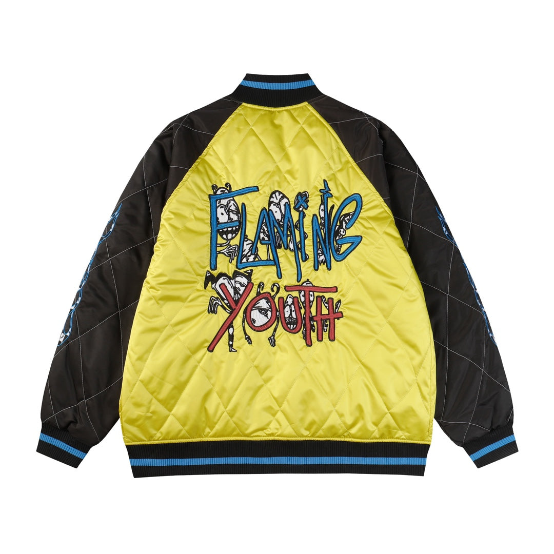 Chrome-Hearts Flaming Youth Bomber Jacket - Yellow Black Graphic Street Coat D10