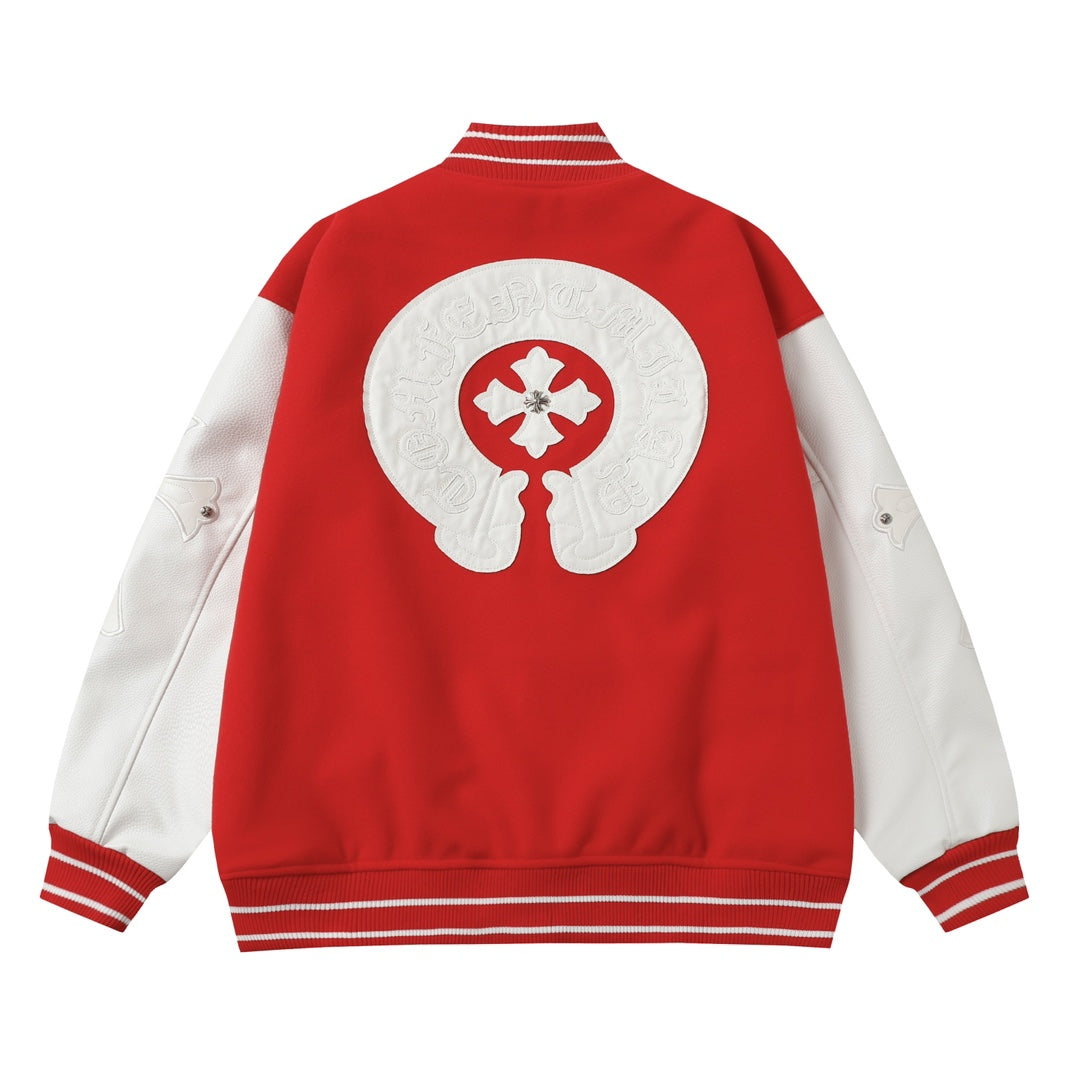 Chrome-Hearts Red Cross Varsity Jacket - White Sleeve Gothic Street Baseball Coat D68