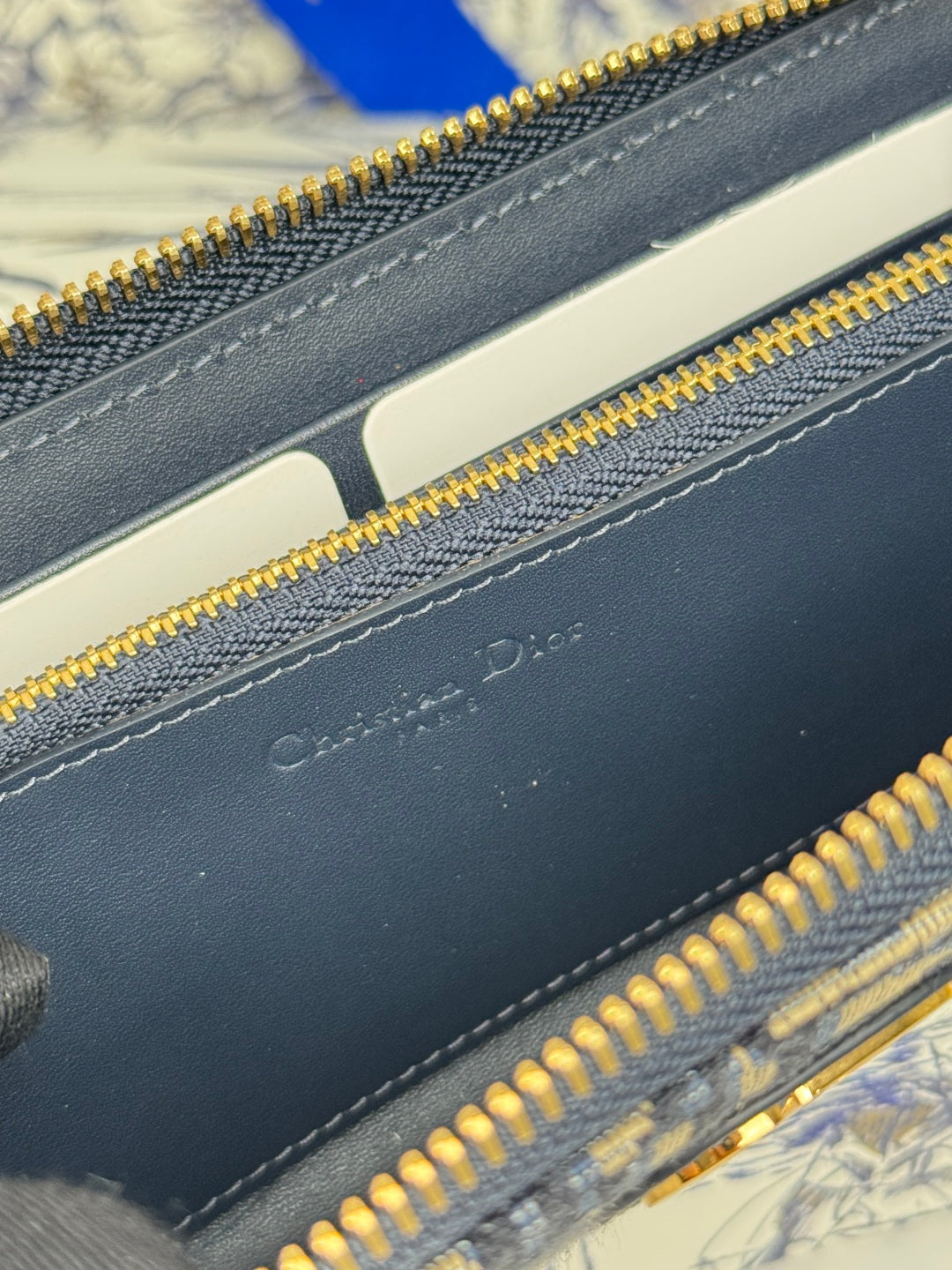 DIOR 25S LONG ZIPPER WALLET 19 IN BLUE OBLIQUE JACQUARD CANVAS