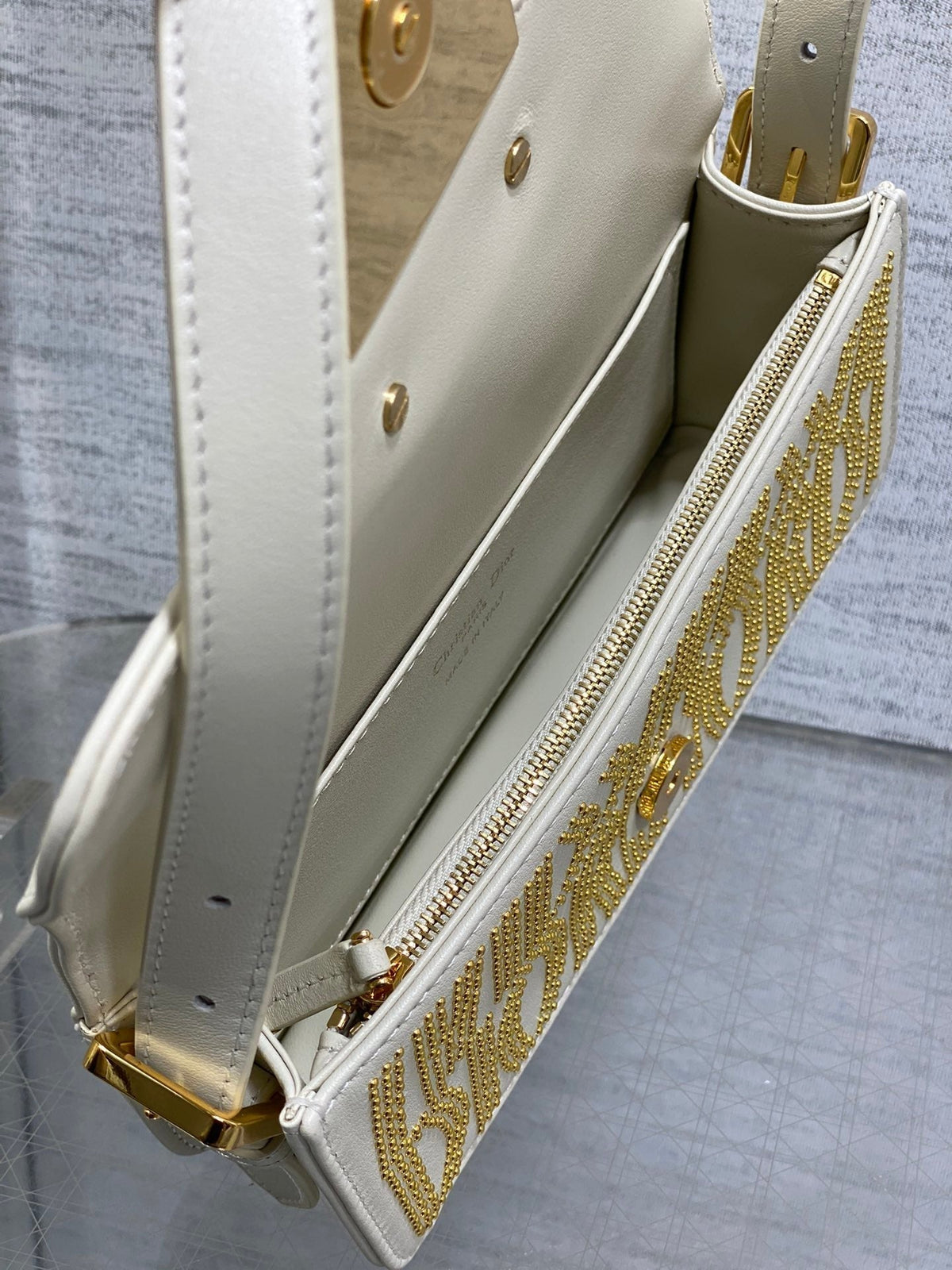 DIOR MINI 18 FLAP BAG IN WHITE LAMBSKIN WITH GOLD RHINSTONES
