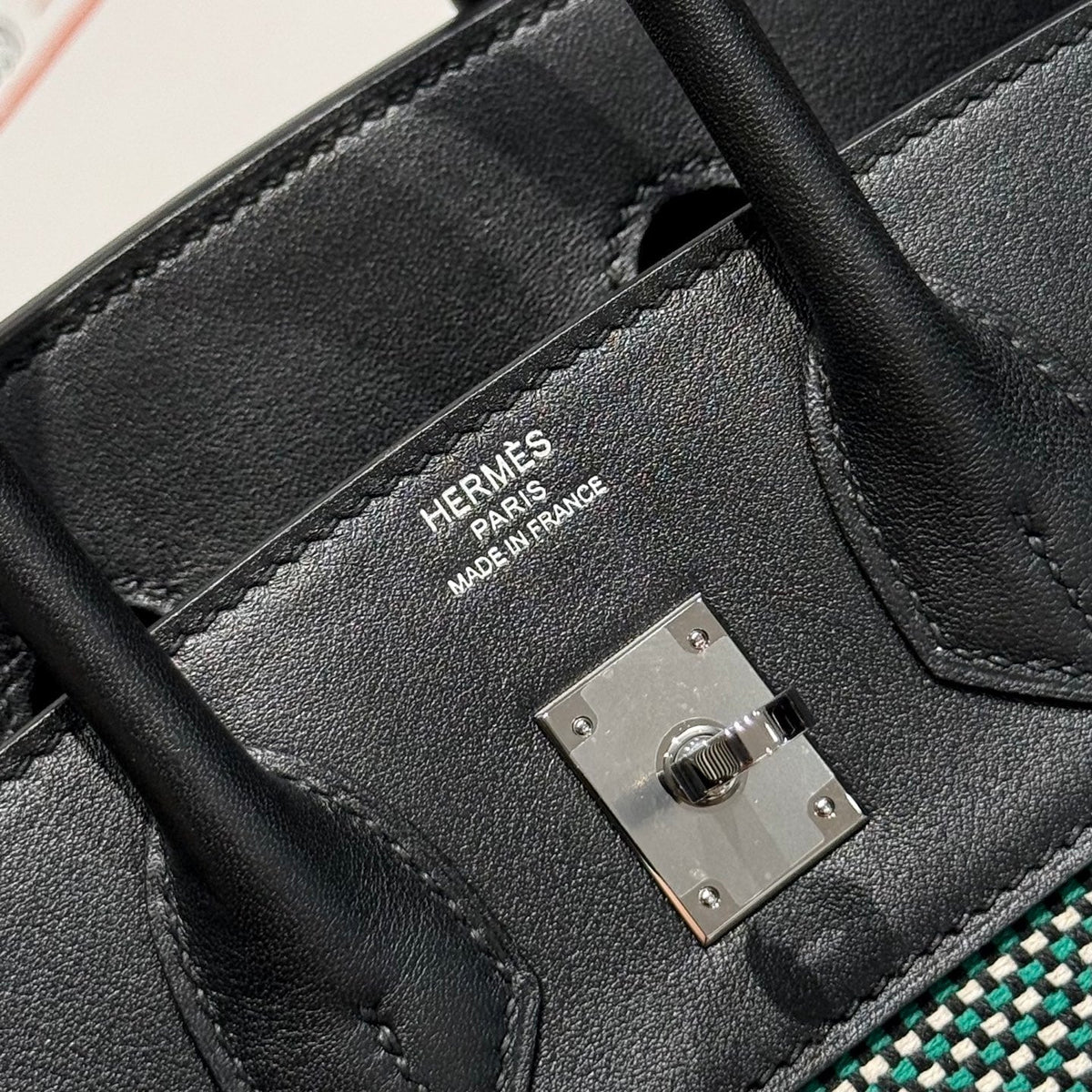 HERMES QUADRILLE BIRKIN 25CM IN BLACK SWIFT CALFSKIN BLACK/MINT/BLANC TOILE CANVAS