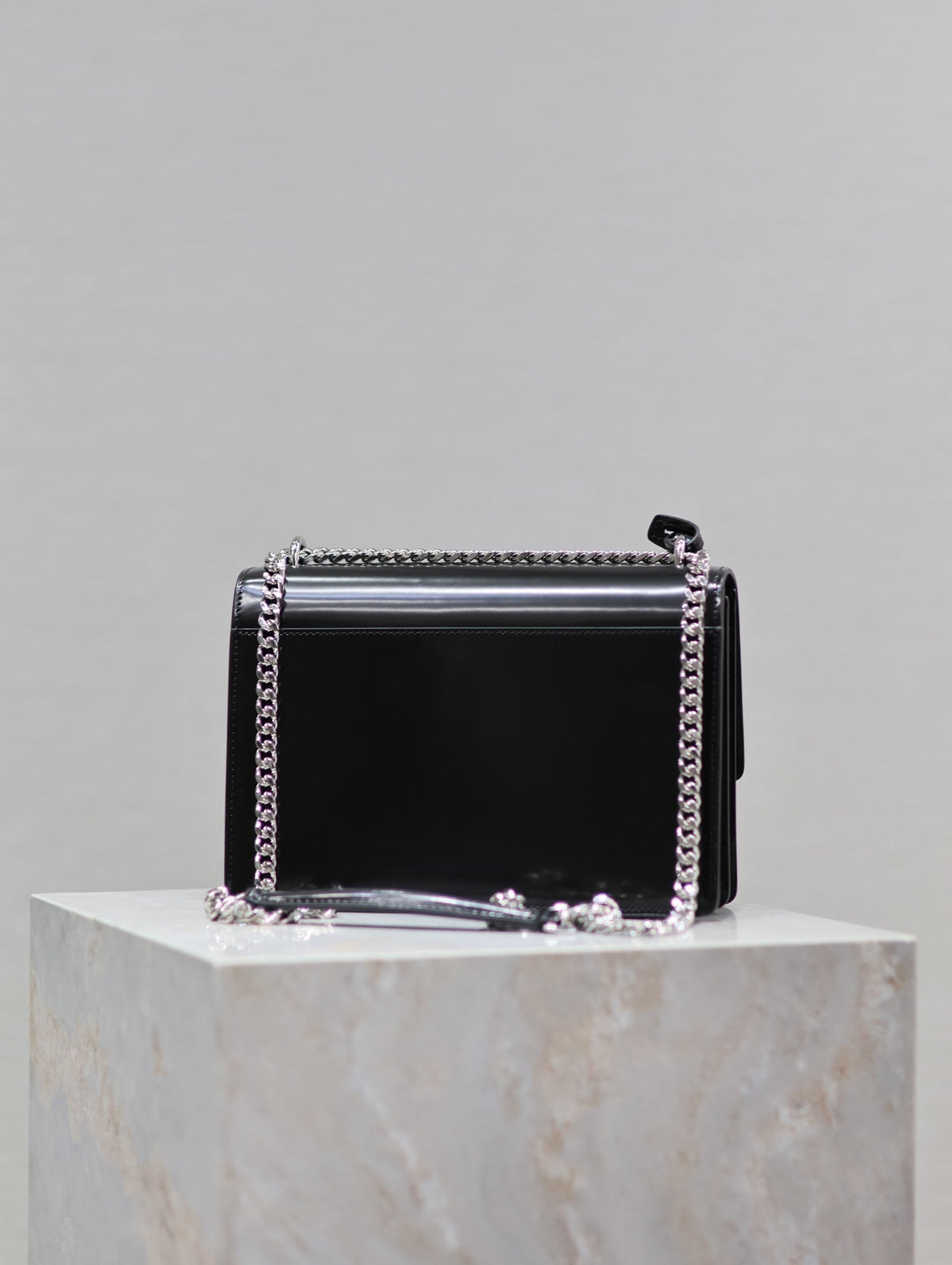 YSL 25S SUNSET MEDIUM 22 IN BLACK SHINY CALFSKIN SILVER HARDWARE